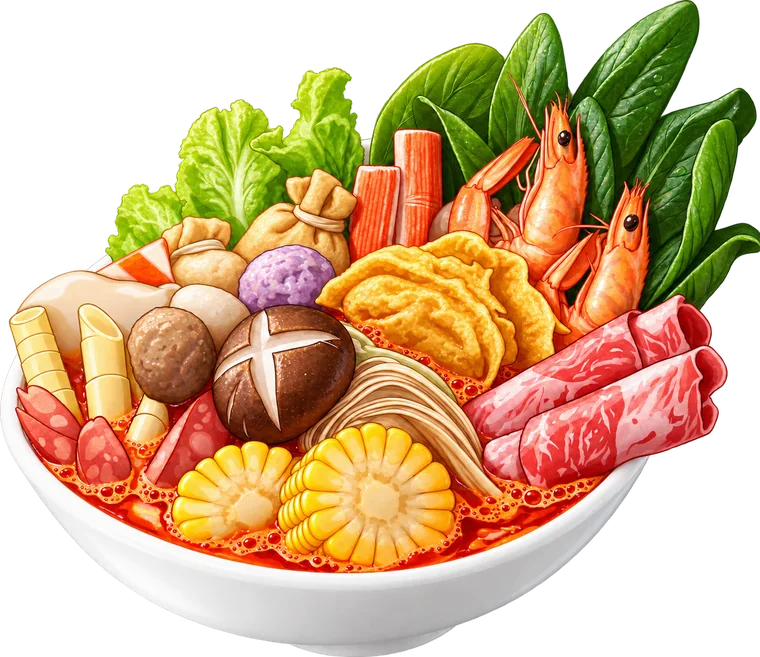 Bát malatang Chao Yue với rau xanh, tôm, thịt bò cuộn, nấm, ngô, viên thả và nước dùng đỏ