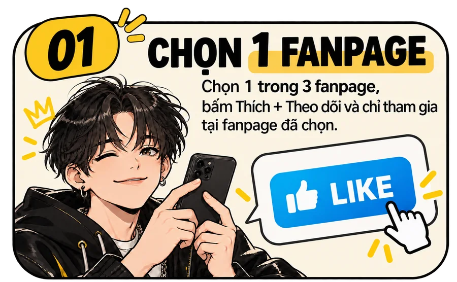 Bước 01. Chọn 1 fanpage: chọn 1 trong 3 fanpage, bấm Thích và Theo dõi, chỉ tham gia tại fanpage đã chọn.